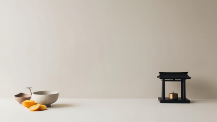 Minimalist Still Life with Offering Bowls, Fruit, and Shrine Against a Warm Neutral Background, Ideal for Product Mockups and Website Banners
