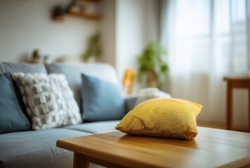 A yellow throw pillow rests on a light wood coffee table in front of a gray couch