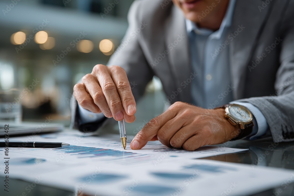 Poster businessman analyzes data by pointing at diagram and discussing strategy in modern office setting du