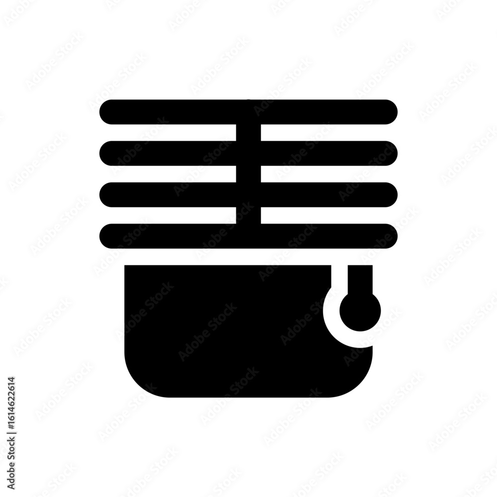 Poster illustration of a window blind with horizontal slats and a pull cord in a minimalist black design st