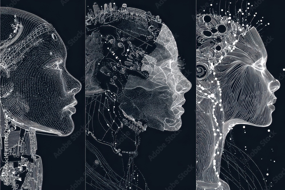Poster exploring the evolution of artificial intelligence through artistic representations of humanoid form