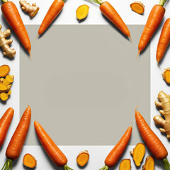 Vibrant Carrot, Ginger, and Turmeric Frame with Central Copy Space for Healthy Eating Concepts