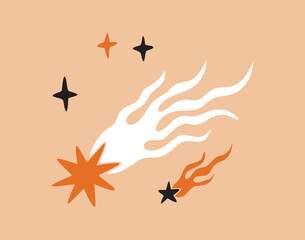 falling star abstract poster hand drawn. mystery comet art print vintage retro boho art. Colorful cosmic magic art icon
