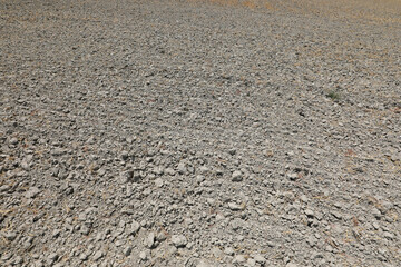background of very arid summer terrain of the cultivated field with dry earth due to drought in the vast plain