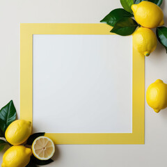 Bright Yellow Frame Decorated with Fresh Lemons and Green Leaves on Neutral Background, Ideal for Summer Themes