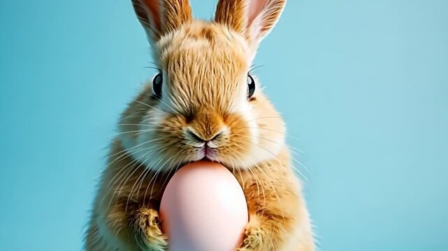 Cute Easter bunny holding a single egg against a vibrant blue background, creating a cheerful and festive springtime scene