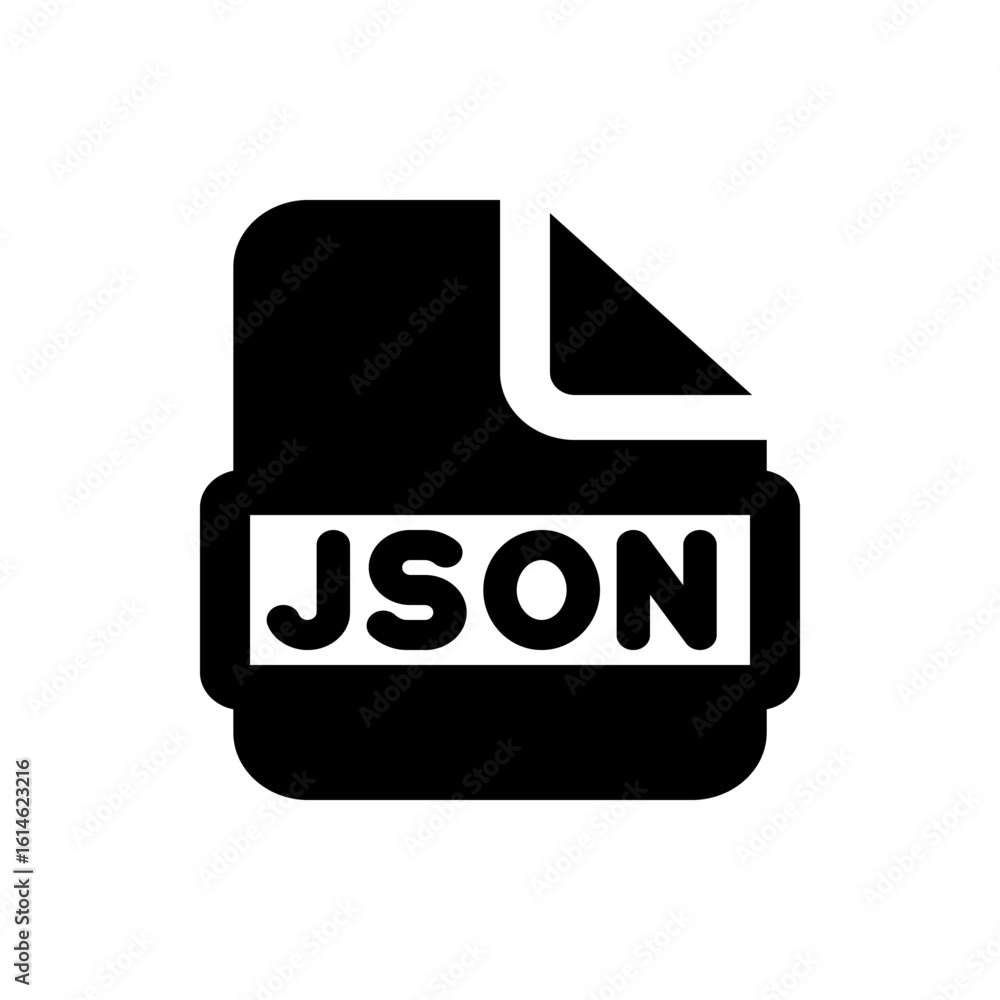 Poster illustration of a black json file icon with a folded corner on a white background showing file type 
