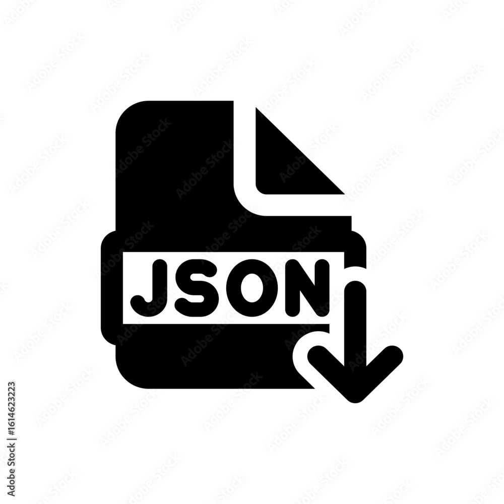 Aufkleber black and white json file icon with a downward arrow indicating a download or saving action is takin