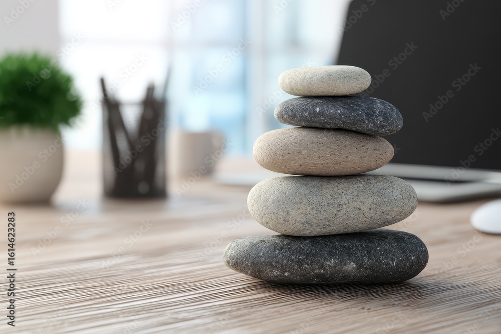 Aufkleber stack of carefully arranged pebbles on a wooden desktop creating a calming atmosphere in a modern wo