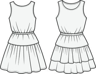 cad drawing flat vector illustration, sleeveless ruffle dress front back view, fashion technical sketch, girls clothing design template, outline