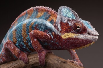 Obraz premium Panther chameleon perched on a branch showcasing vibrant colors and unique texture in a detailed and realistic depiction