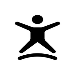 Silhouette of a person with arms outstretched and legs apart standing above a curved line element design