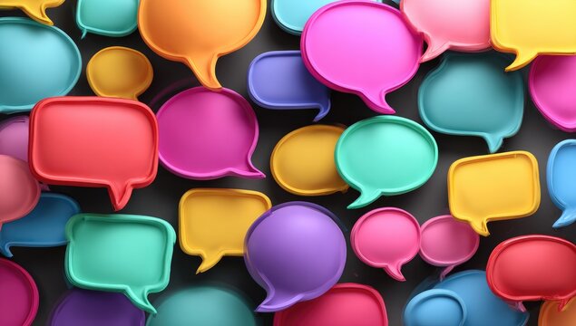 A dense collection of colorful, 3D speech bubbles on a dark background, suggesting a lively conversation or communication network