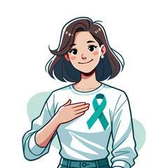 Woman With Green Awareness Ribbon on White Shirt Touching Chest