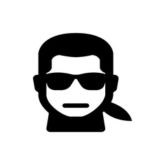 Stylized portrait of a person with dark hair and sunglasses in black and white minimalist design style