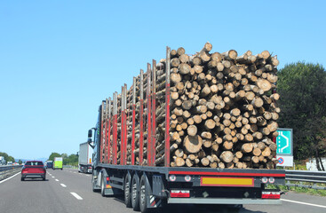 trailer truck for transporting logs speeding on the highway