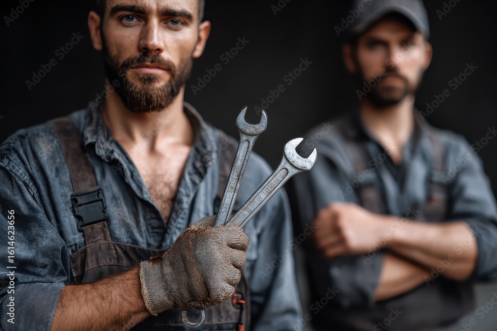 Poster mechanics holding spanner and demonstrating tools in workshop during daylight while working on vehic