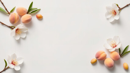Elegant Blank Space Framed with Fresh Longan Fruit and Delicate Peach Blossoms for Creative Design