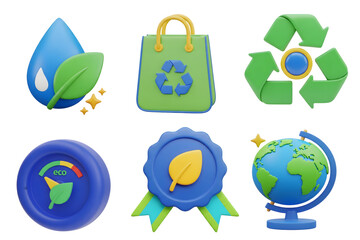 3D eco friendly and recycling icon set – shopping bag, recycle symbol, water drop, earth, leaf badge, sustainability


