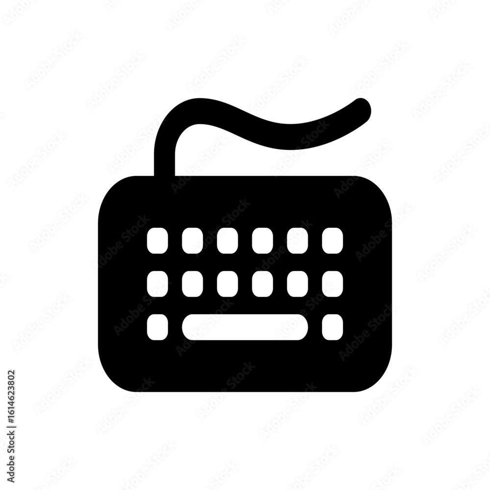 Aufkleber illustration of a black keyboard with rounded keys and a cable attached to the top center of the dev