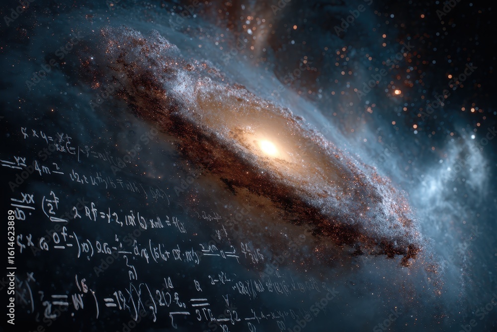 Poster mathematical and physical formulas overlaying a galaxy depicting the intersection of science and the