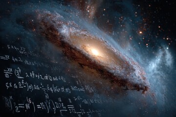 Mathematical and physical formulas overlaying a galaxy depicting the intersection of science and the universe