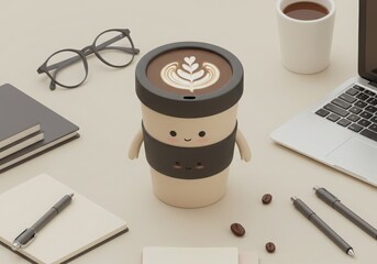 Cute cartoon character coffee cup with latte art on a desk with laptop and notebook