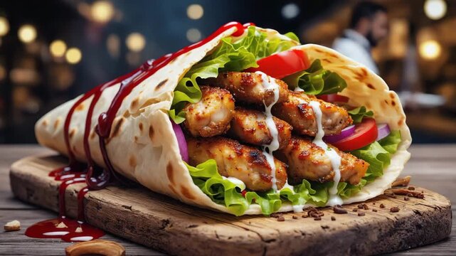 Spiced Chicken Shawarma Wrap with Garlic Sauce

 마늘 소스를 곁들인 매콤한 치킨 샤와르마 랩
(maneul soseureul gyeotdeurin maekoman chikin syawareuma raep)