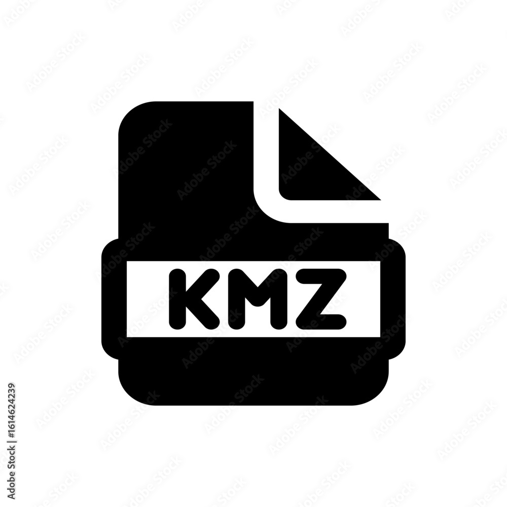 Poster illustration of a black kmz file icon with a folded corner representing a data or document file form