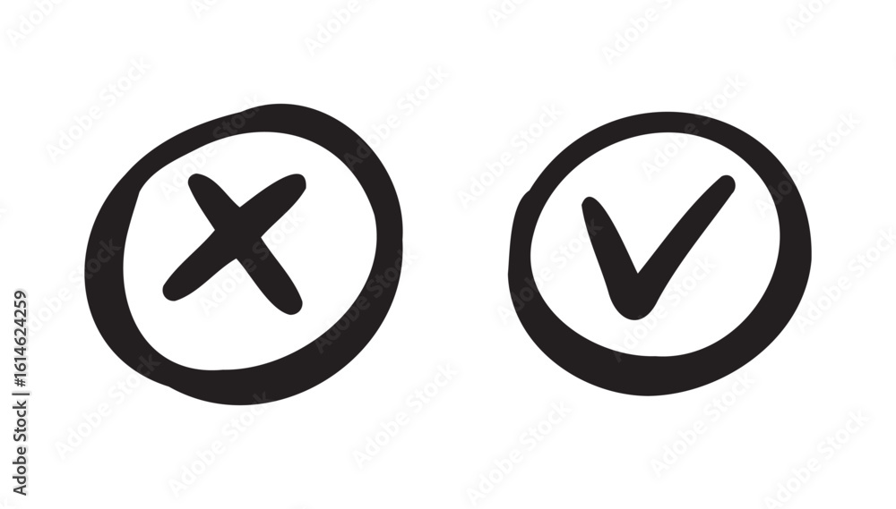 Poster check and cross mark icon doodle hand drawn. checkbox for vote, yes and no concept. cross mark in ci