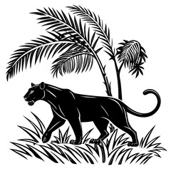 Bold Black Panther Silhouette with Palm Tree and Jungle Grass Elements