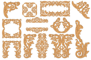 Decorative design set featuring flourish borders, corner elements, and frames, ideal for invitations, menus, and page embellishments. Perfect for enhancing layouts with elegant vector details.