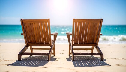 Two wooden beach chairs facing the ocean