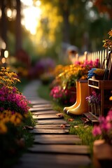 Wooden path through colorful blooming garden