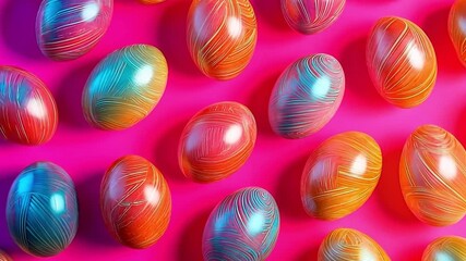 Easter eggs painted with orange and blue creating a vibrant pattern on a pink background, celebrating the festive season - Powered by Adobe