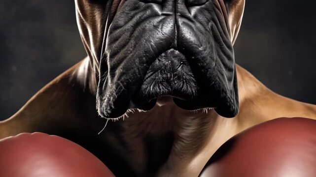 Muscular dog wearing boxing gloves. Boxer dog in a rack with gloves raised for hitting. Animal with an aggressive look in brown boxing gloves before a fight against a black background.