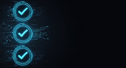 Glowing Check Mark Icons on Digital Circuit Board Background