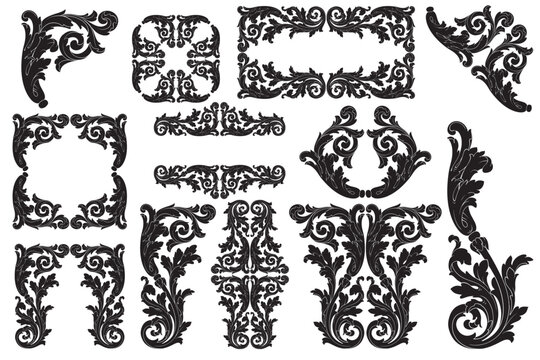 Decorative design set featuring flourish borders, corner elements, and frames, ideal for invitations, menus, and page embellishments. Perfect for enhancing layouts with elegant vector details.