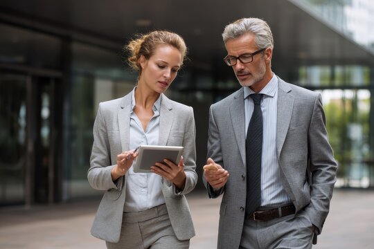 Business professionals collaborate while walking in office area, using tablet to plan strategies and discuss projects in modern urban environment