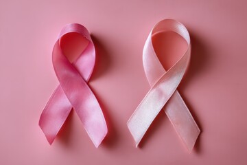 Realistic portrayal of pink ribbons symbolizing breast cancer awareness on a soft pink background, emphasizing hope and solidarity in the fight against the disease