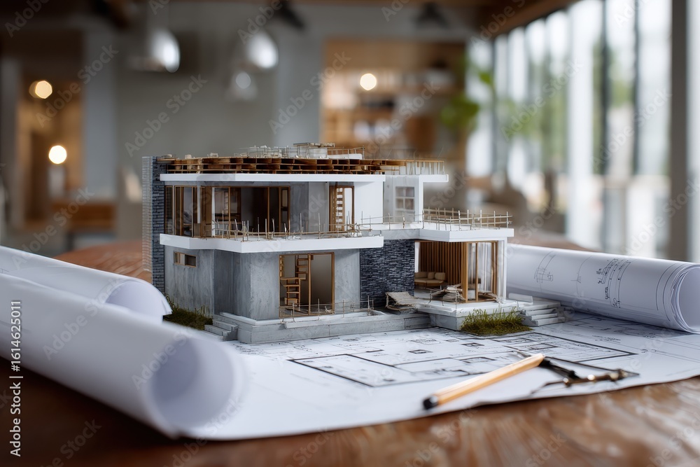 Poster conceptual model of a modern home renovation design on a workspace with blueprints and architectural