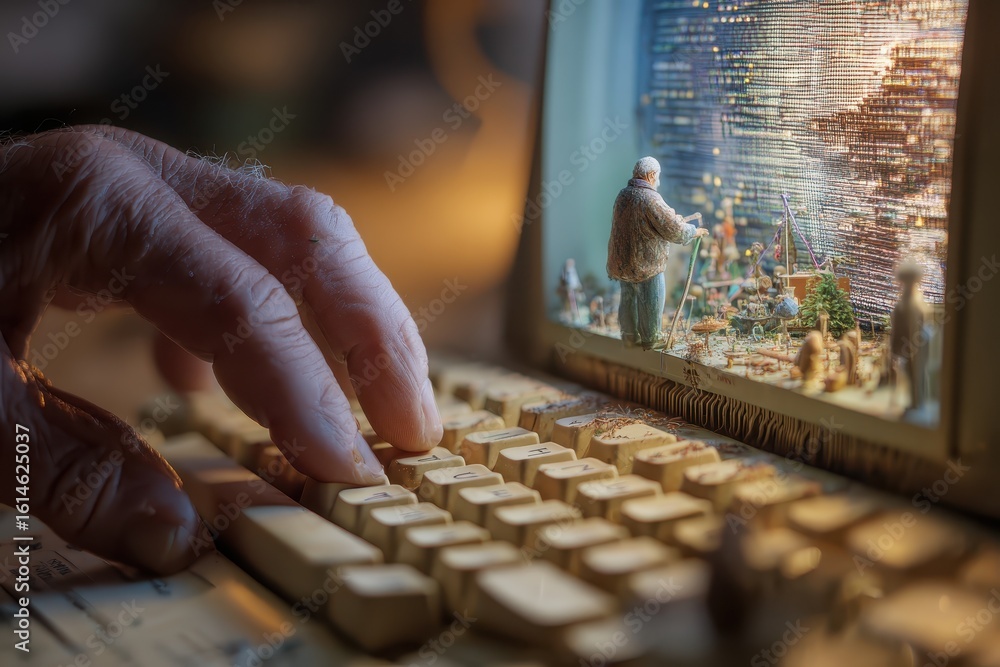 Poster creating a digital landscape with a computer while crafting miniature worlds in a cozy workspace dur