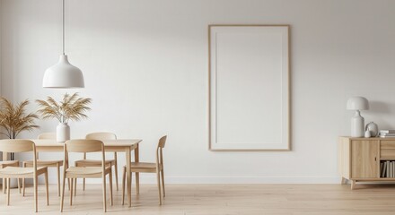 Modern dining room with wooden furniture and blank wall decor  