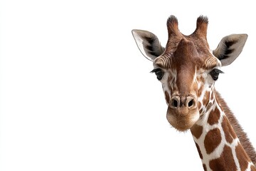 Fototapeta premium Rothschild giraffe portrait in a minimalist setting showcasing unique facial features and distinctive markings captured outdoors in bright daylight