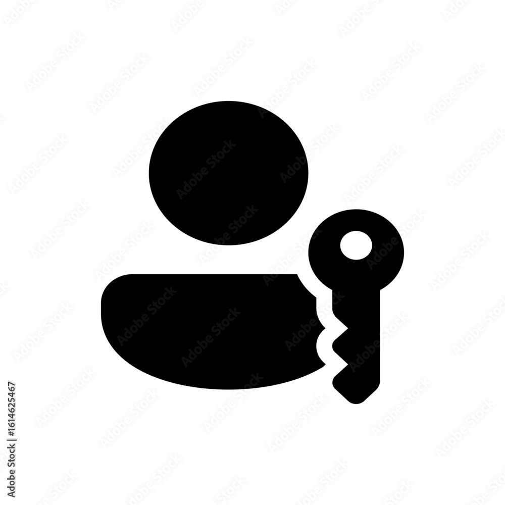 Poster silhouette of a user icon with a round head and a key icon positioned to the right side of the user 