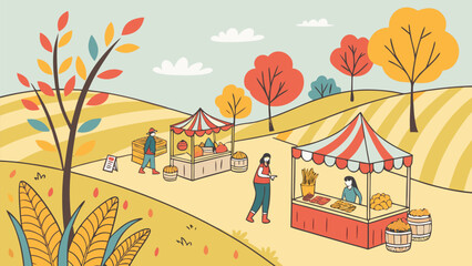Naklejka premium Lively Harvest Festival Celebration Set in Golden Fields with Tents, Music, and Autumn Decor