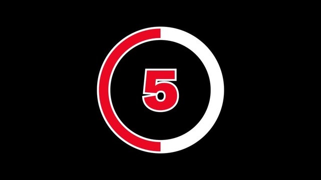 Bold outlined red 10-second countdown with a white progress ring on a black background. The progress ring decreases as seconds pass, with thick numbers indicating the time. 4K Motion Graphic