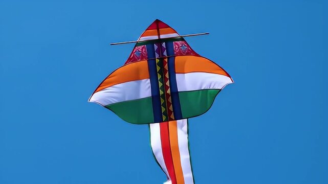 Colorful kite soaring in blue sky