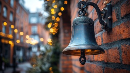 Obraz premium Old bell on brick wall, festive lights