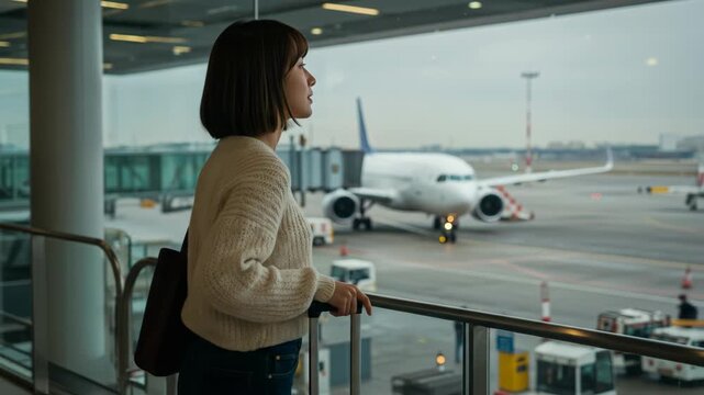 Woman at airport looking at airplane, travel anticipation